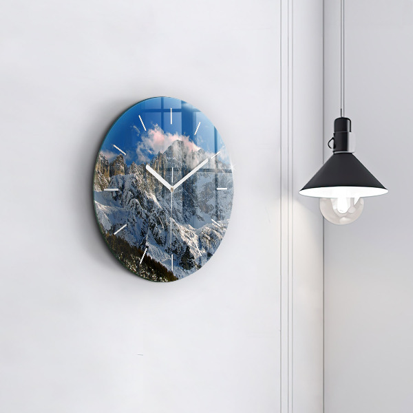 Round glass wall clock Mountains under blue sky