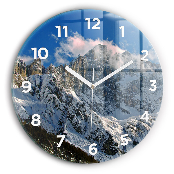 Round glass wall clock Mountains under blue sky