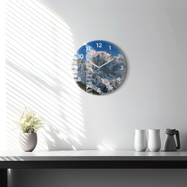 Round glass wall clock Mountains under blue sky
