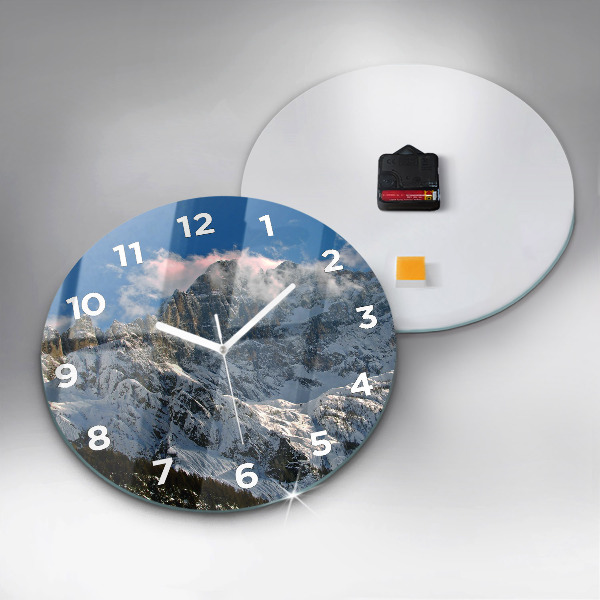 Round glass wall clock Mountains under blue sky
