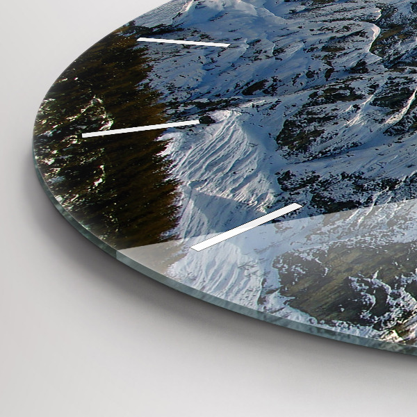 Round glass wall clock Mountains under blue sky