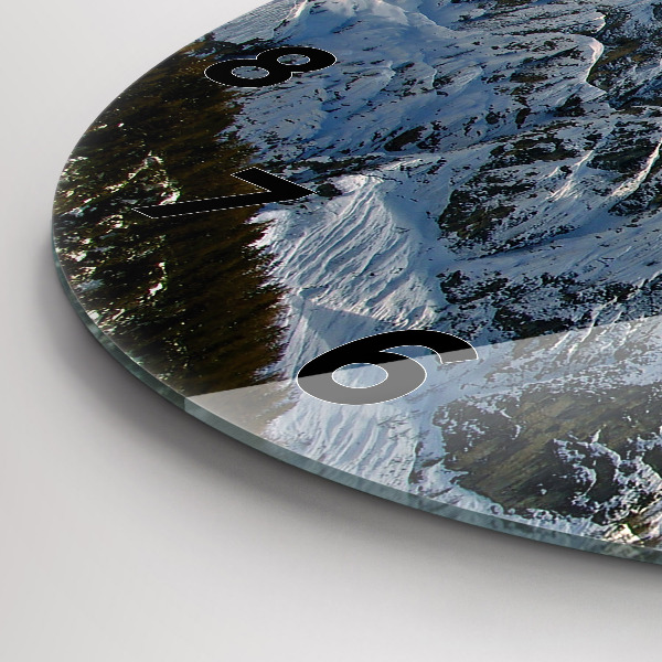 Round glass wall clock Mountains under blue sky