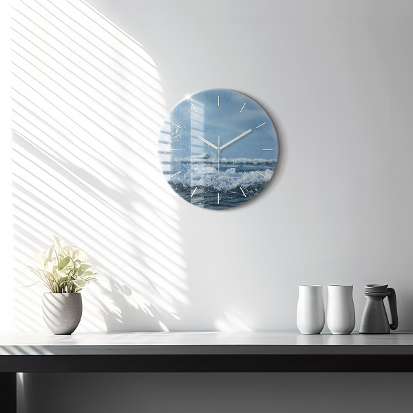 Round glass wall clock Photo of sea waves