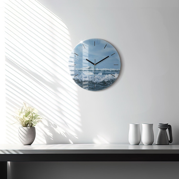 Round glass wall clock Photo of sea waves