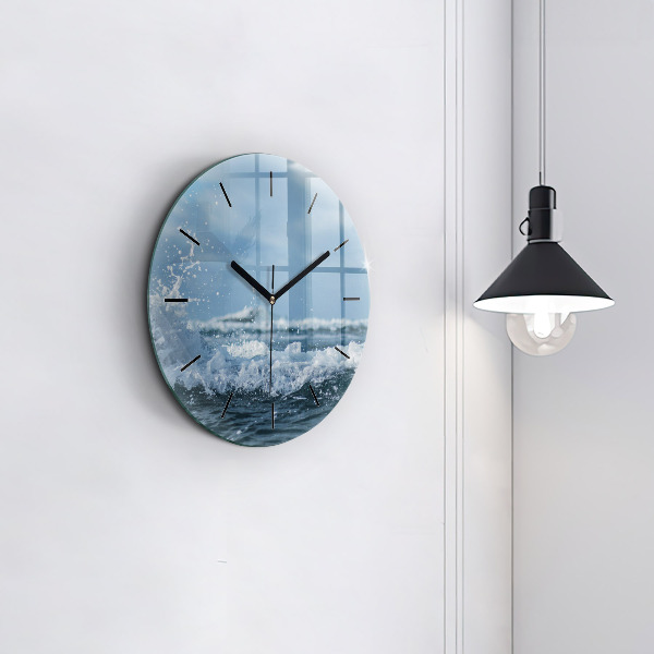 Round glass wall clock Photo of sea waves