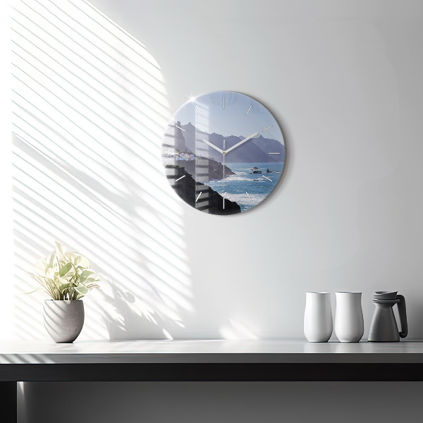 Round glass wall clock Mountains by the ocean