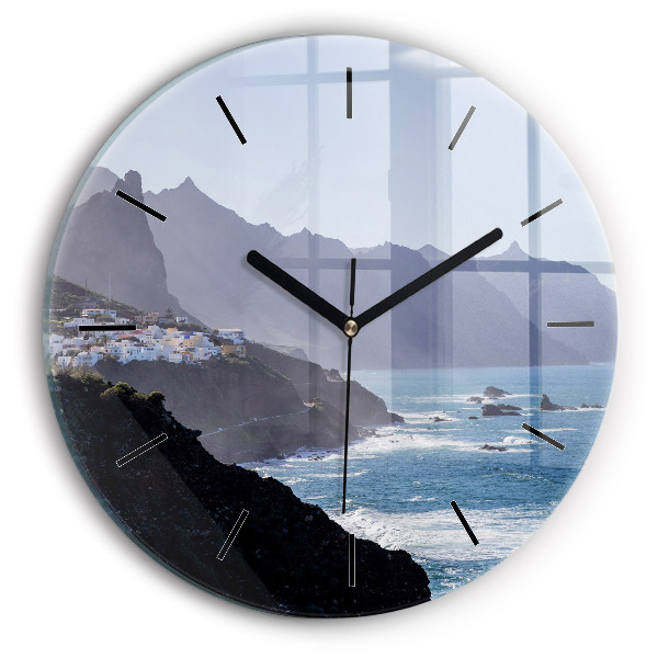 Round glass wall clock Mountains by the ocean