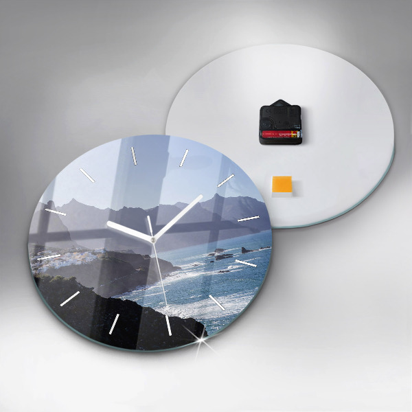 Round glass wall clock Mountains by the ocean