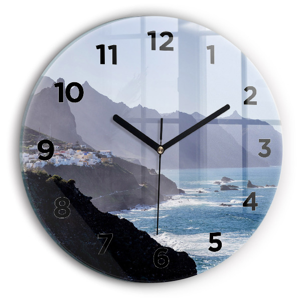 Round glass wall clock Mountains by the ocean