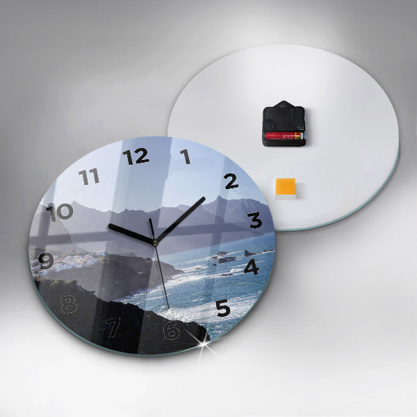 Round glass wall clock Mountains by the ocean