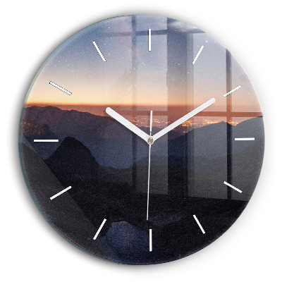 Round glass wall clock Mountains at sunset