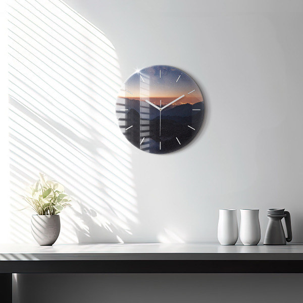 Round glass wall clock Mountains at sunset