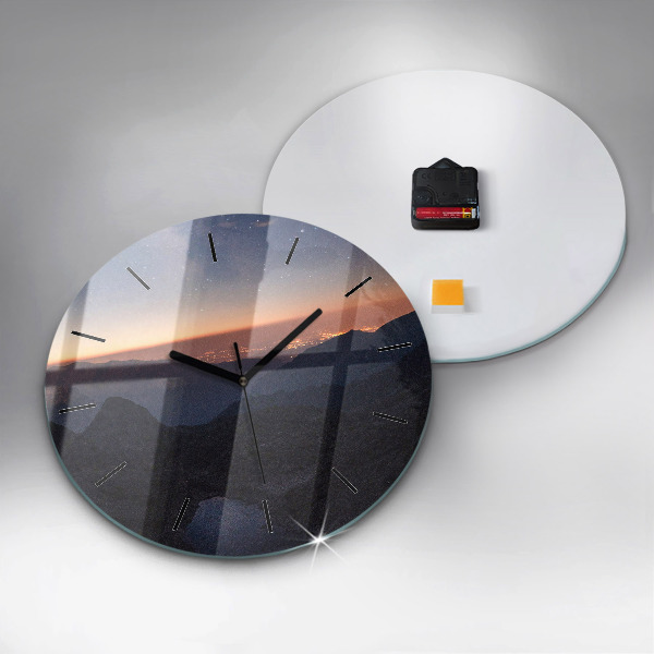 Round glass wall clock Mountains at sunset