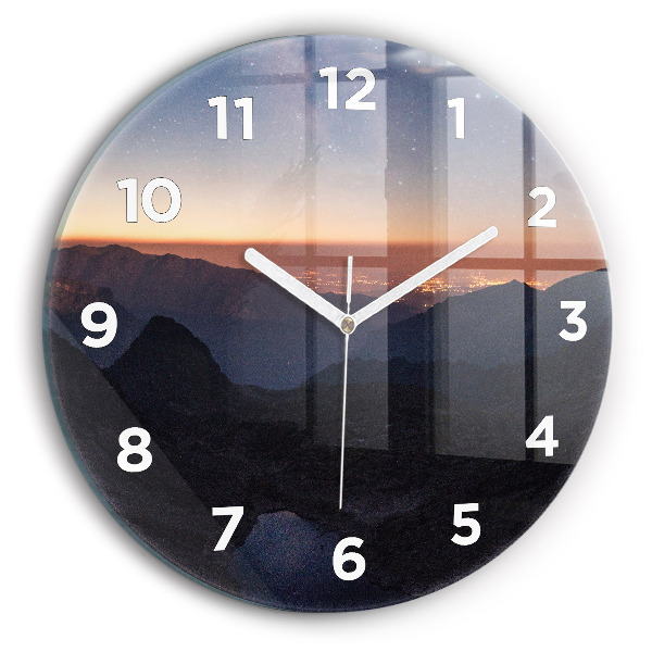 Round glass wall clock Mountains at sunset