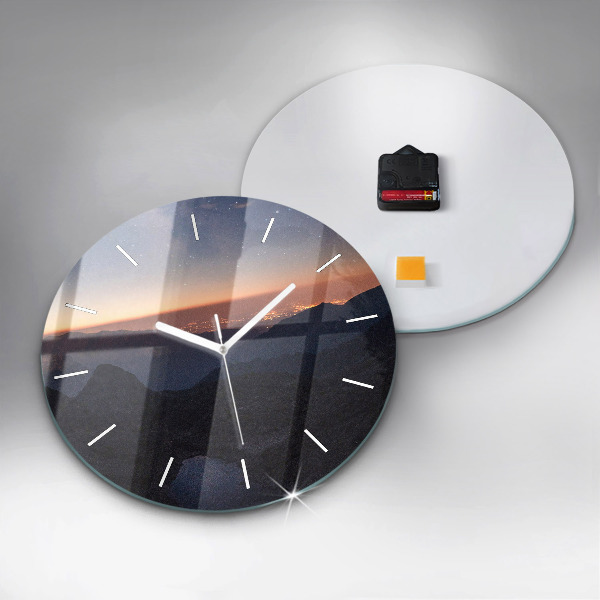 Round glass wall clock Mountains at sunset