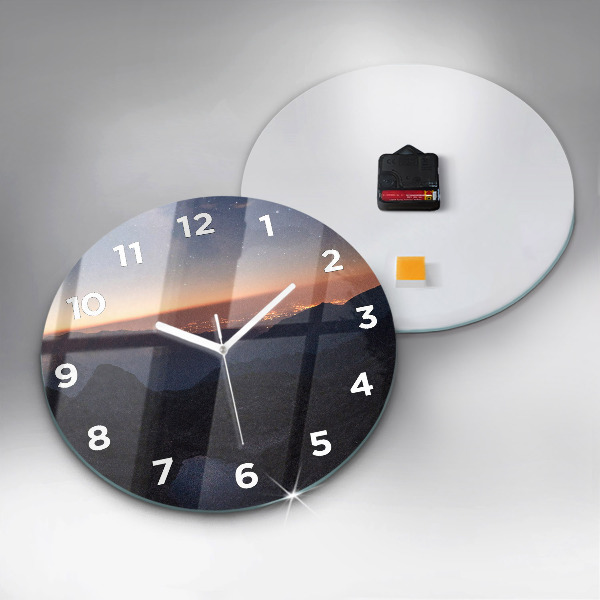 Round glass wall clock Mountains at sunset