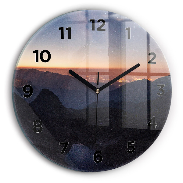 Round glass wall clock Mountains at sunset