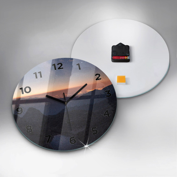 Round glass wall clock Mountains at sunset