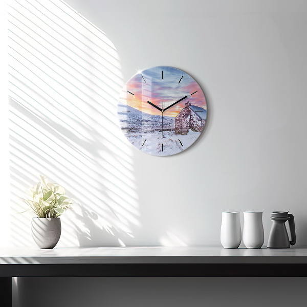 Round glass wall clock Cottage in the mountains