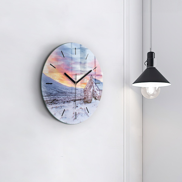 Round glass wall clock Cottage in the mountains