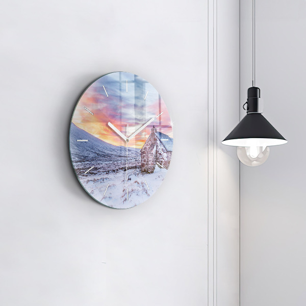Round glass wall clock Cottage in the mountains
