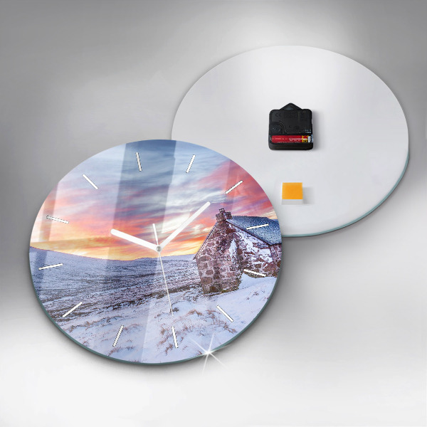 Round glass wall clock Cottage in the mountains