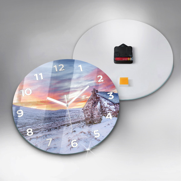 Round glass wall clock Cottage in the mountains