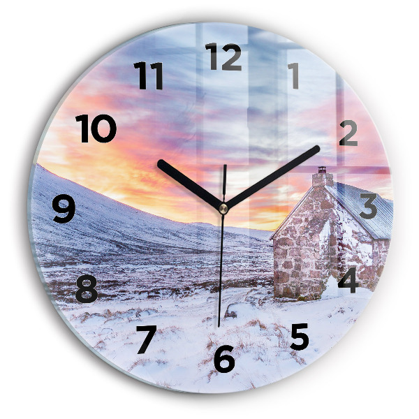 Round glass wall clock Cottage in the mountains