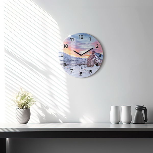 Round glass wall clock Cottage in the mountains