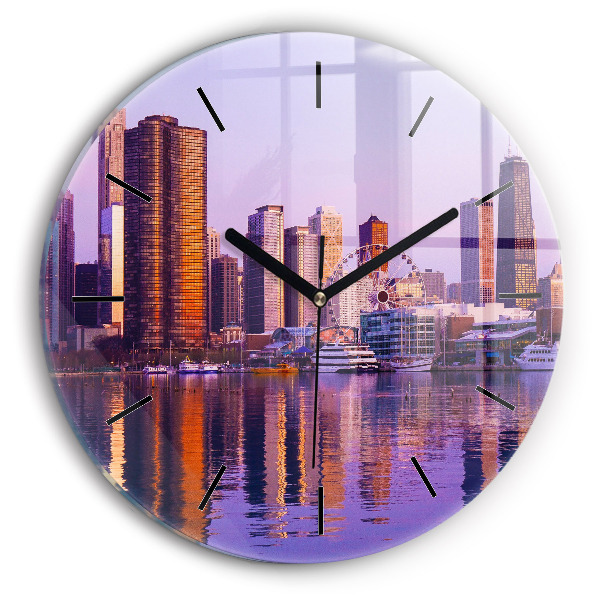 Round glass wall clock View of the skyscrapers of the USA