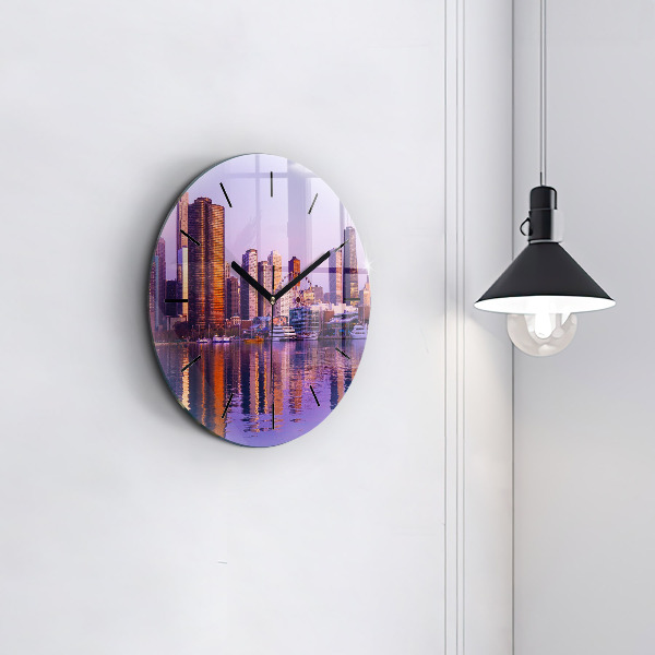 Round glass wall clock View of the skyscrapers of the USA
