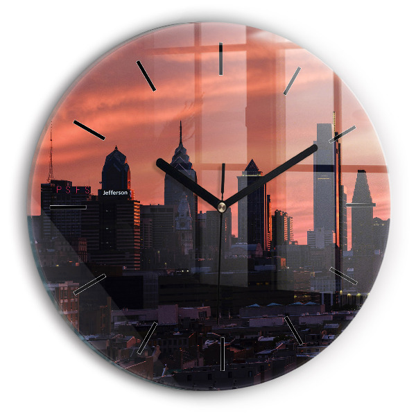 Round glass wall clock Philadelphia City Skyline