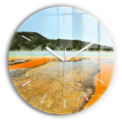 Round glass wall clock Lake with Mountains