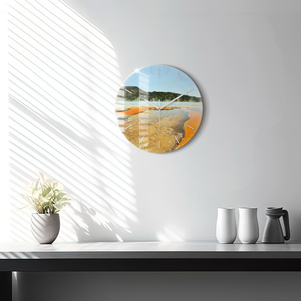 Round glass wall clock Lake with Mountains