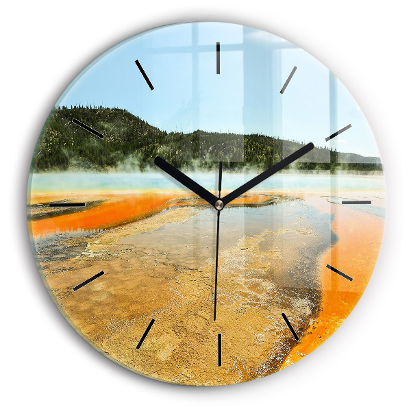 Round glass wall clock Lake with Mountains