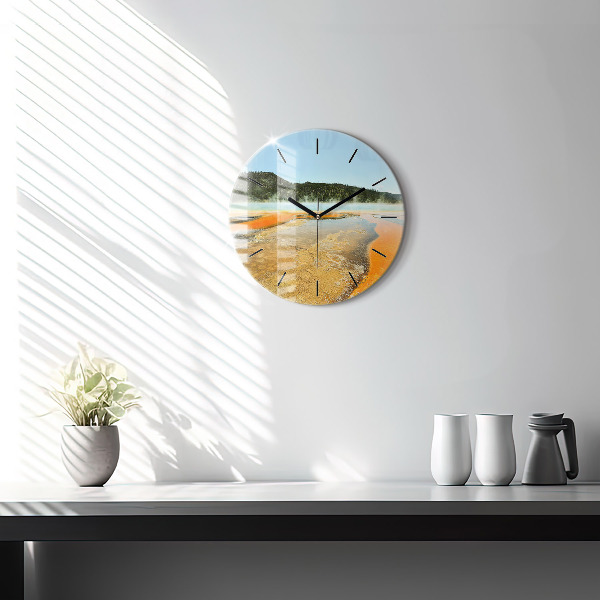 Round glass wall clock Lake with Mountains