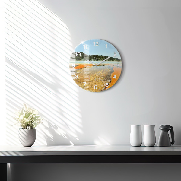 Round glass wall clock Lake with Mountains