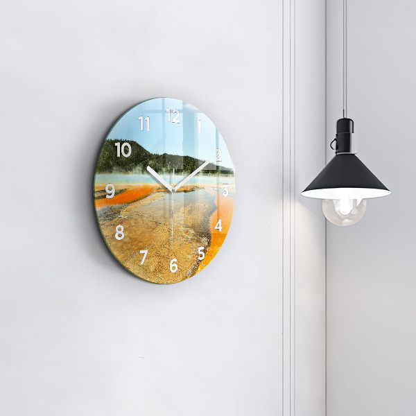 Round glass wall clock Lake with Mountains