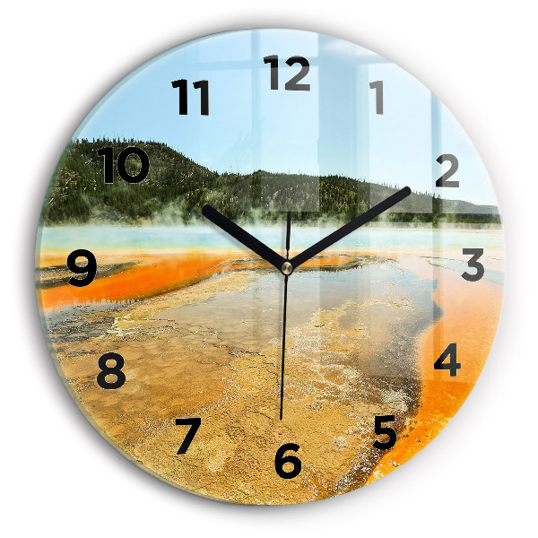Round glass wall clock Lake with Mountains