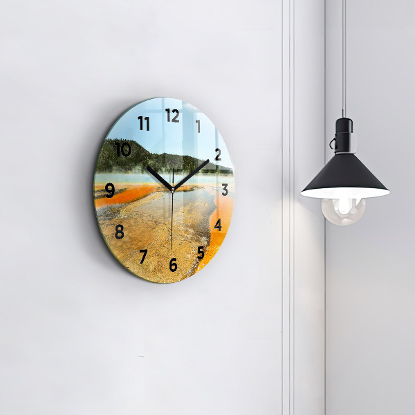 Round glass wall clock Lake with Mountains