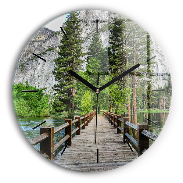 Round glass wall clock Yosemite Wooden Bridge