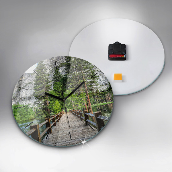 Round glass wall clock Yosemite Wooden Bridge