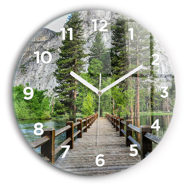 Round glass wall clock Yosemite Wooden Bridge