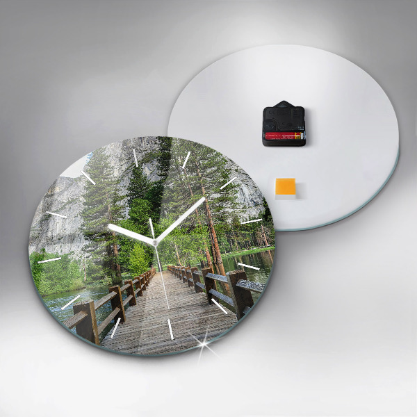 Round glass wall clock Yosemite Wooden Bridge
