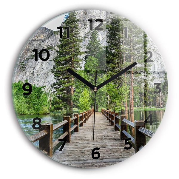 Round glass wall clock Yosemite Wooden Bridge