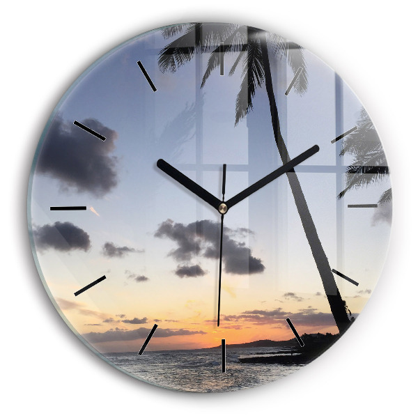 Round glass wall clock Palm tree and sunrise