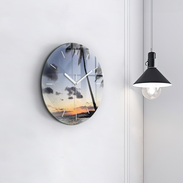 Round glass wall clock Palm tree and sunrise