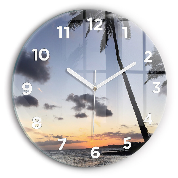 Round glass wall clock Palm tree and sunrise
