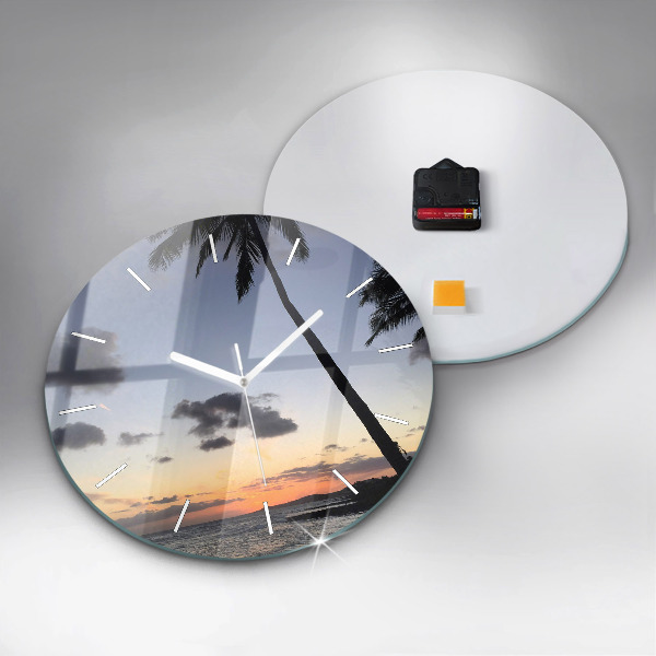 Round glass wall clock Palm tree and sunrise