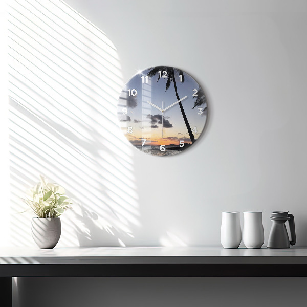 Round glass wall clock Palm tree and sunrise